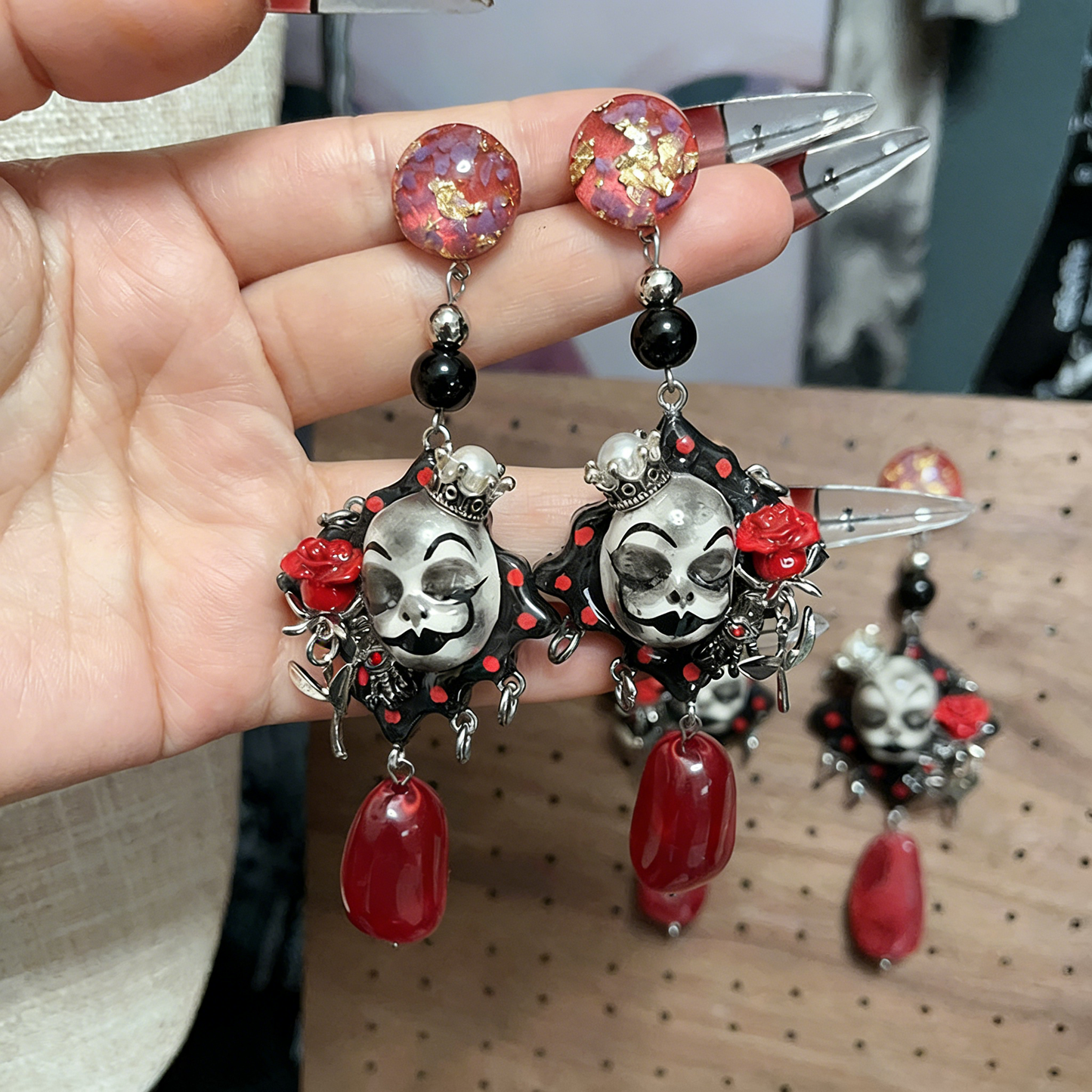 Red Rose Crown Clown Earrings