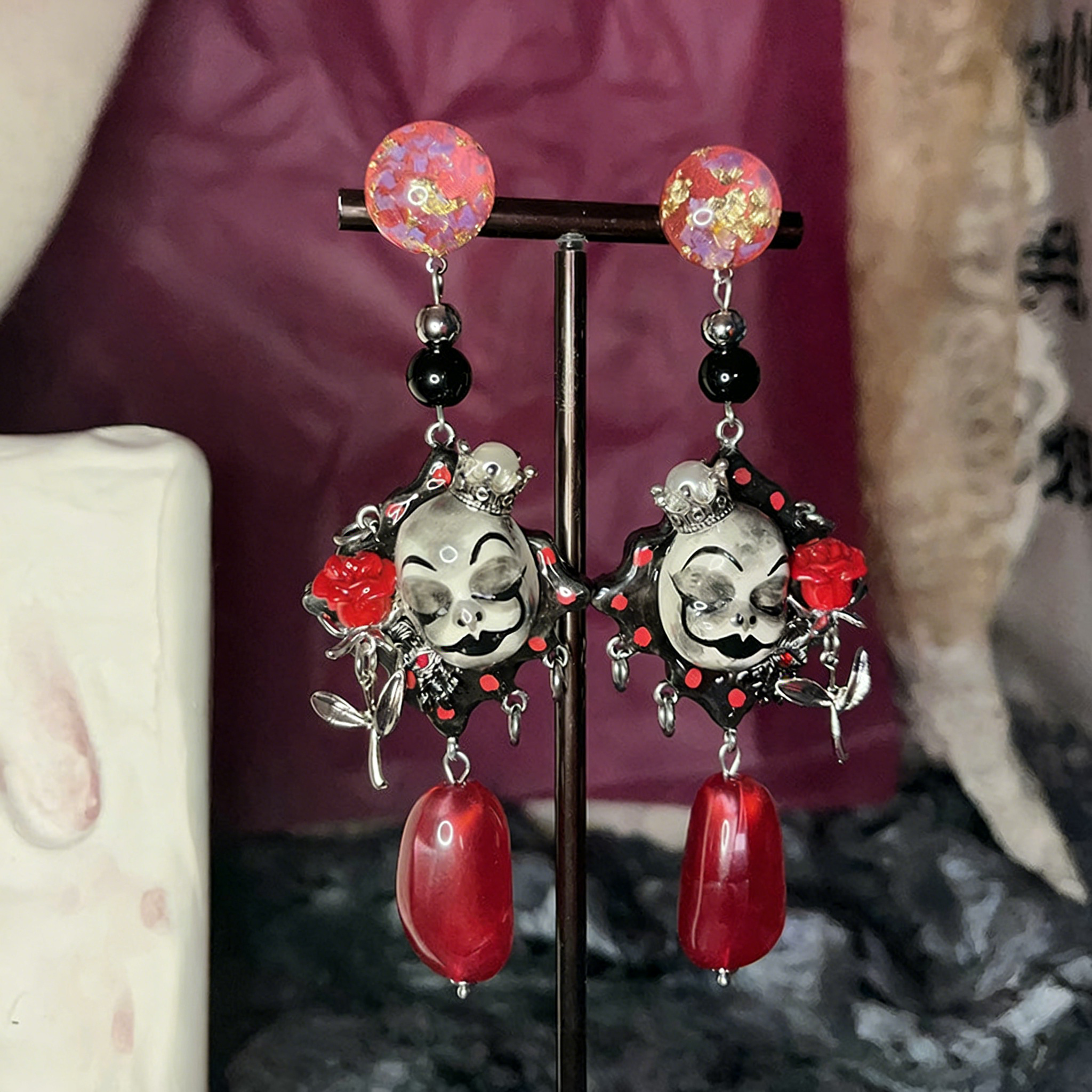 Red Rose Crown Clown Earrings
