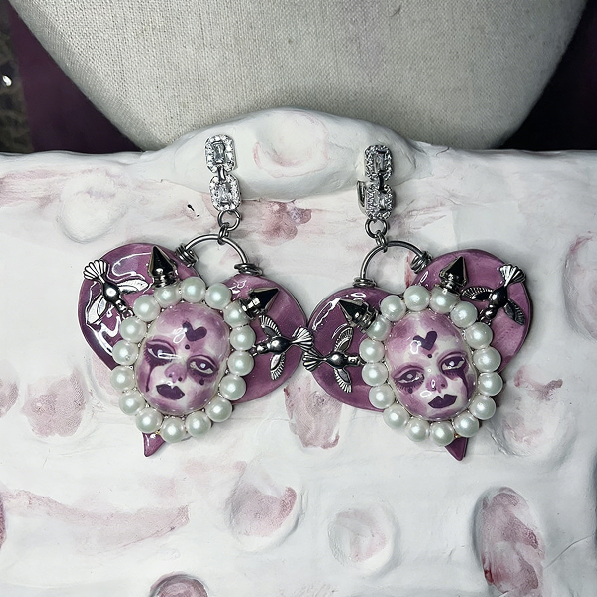 Violet Heart Pearl Nightmare Gothic Doll Necklace