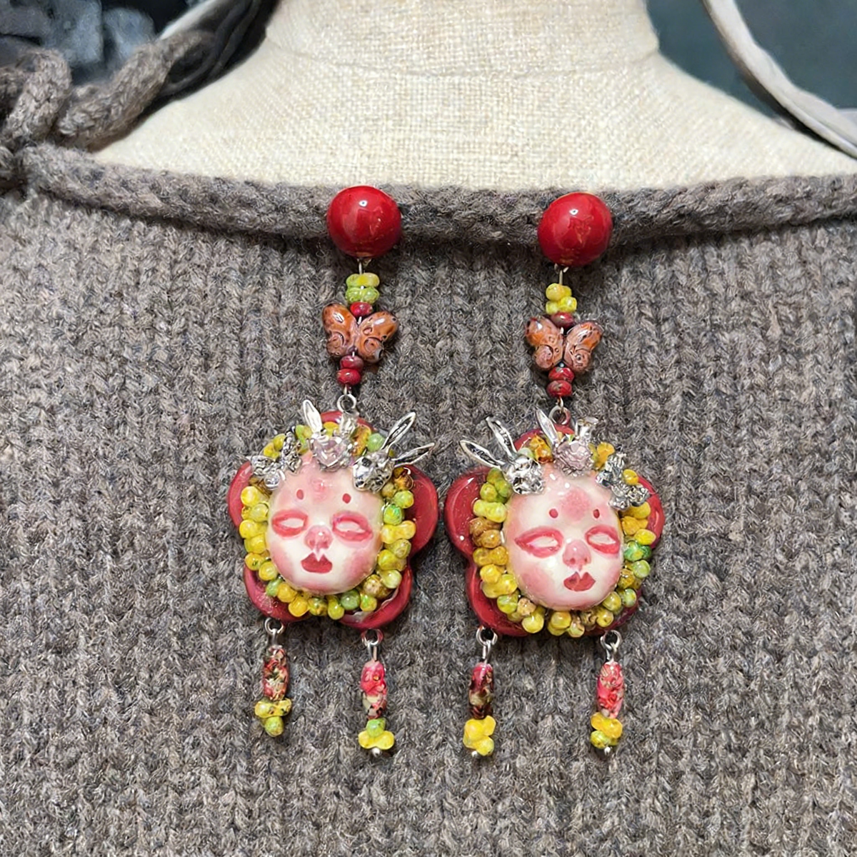 Red Butterfly Bunny Ear Freak Baby Earrings