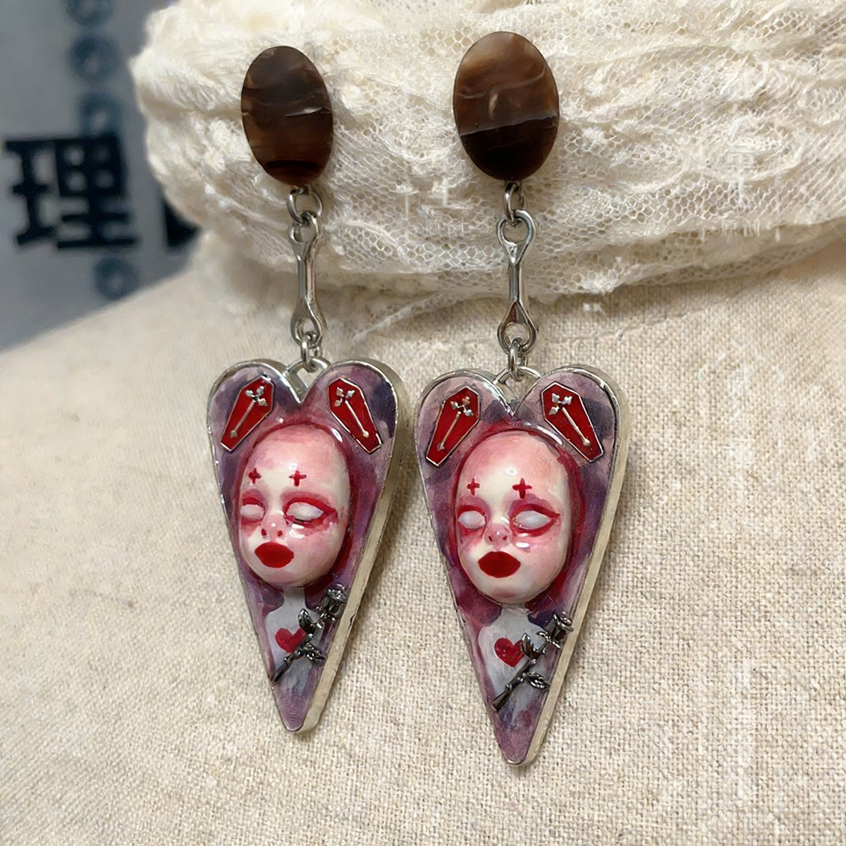 Bloody Coffin Rose Heart Earrings