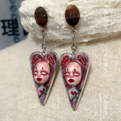 Bloody Coffin Rose Heart Earrings