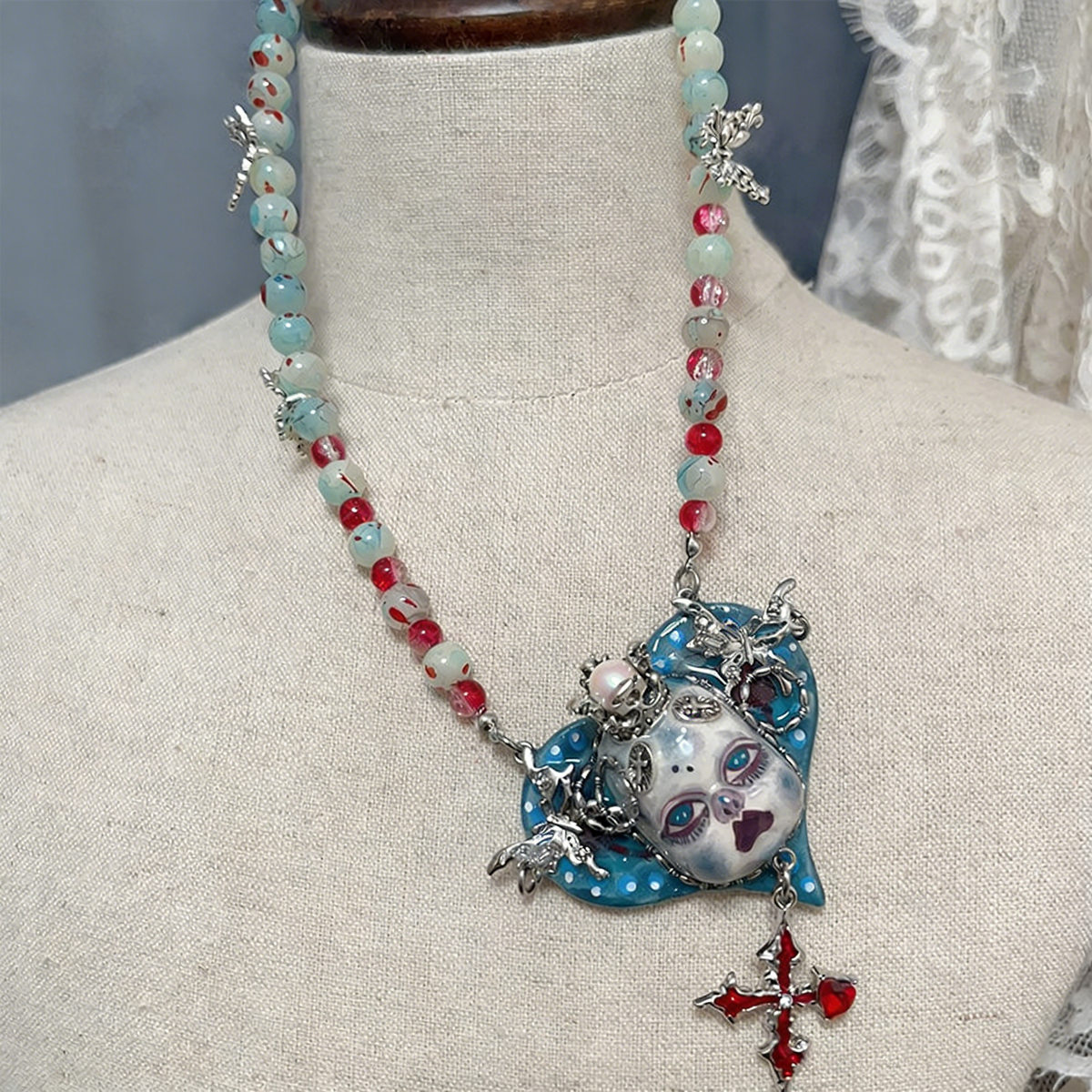 Blue Heart Puppet Gothic Doll Necklace