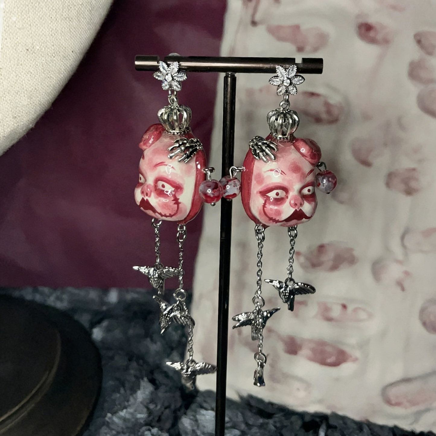 Red Crown Claw Bird Freak Baby Earrings