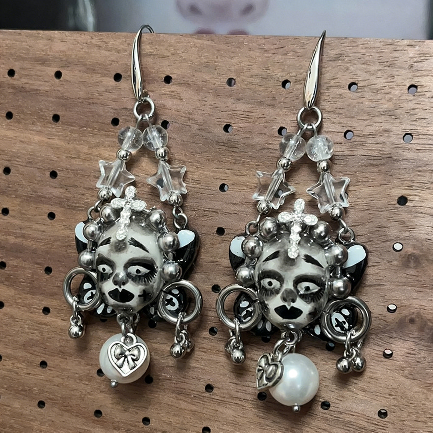 Black and White Cross Heart Freak Baby Earrings