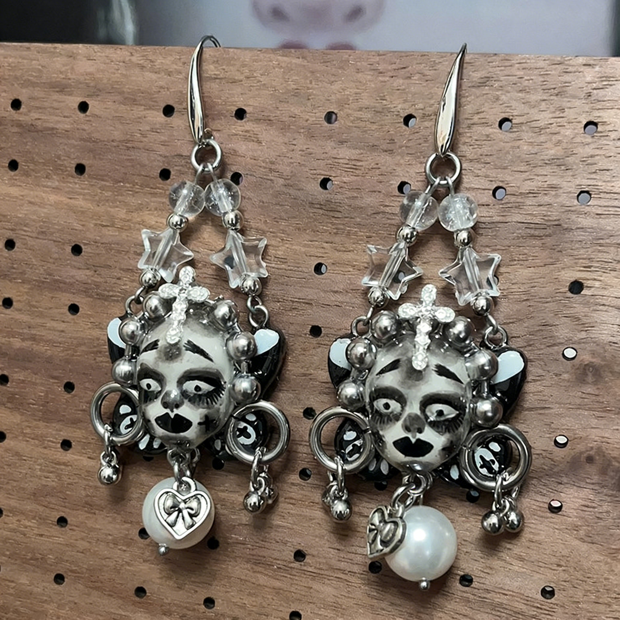 Black and White Cross Heart Freak Baby Earrings