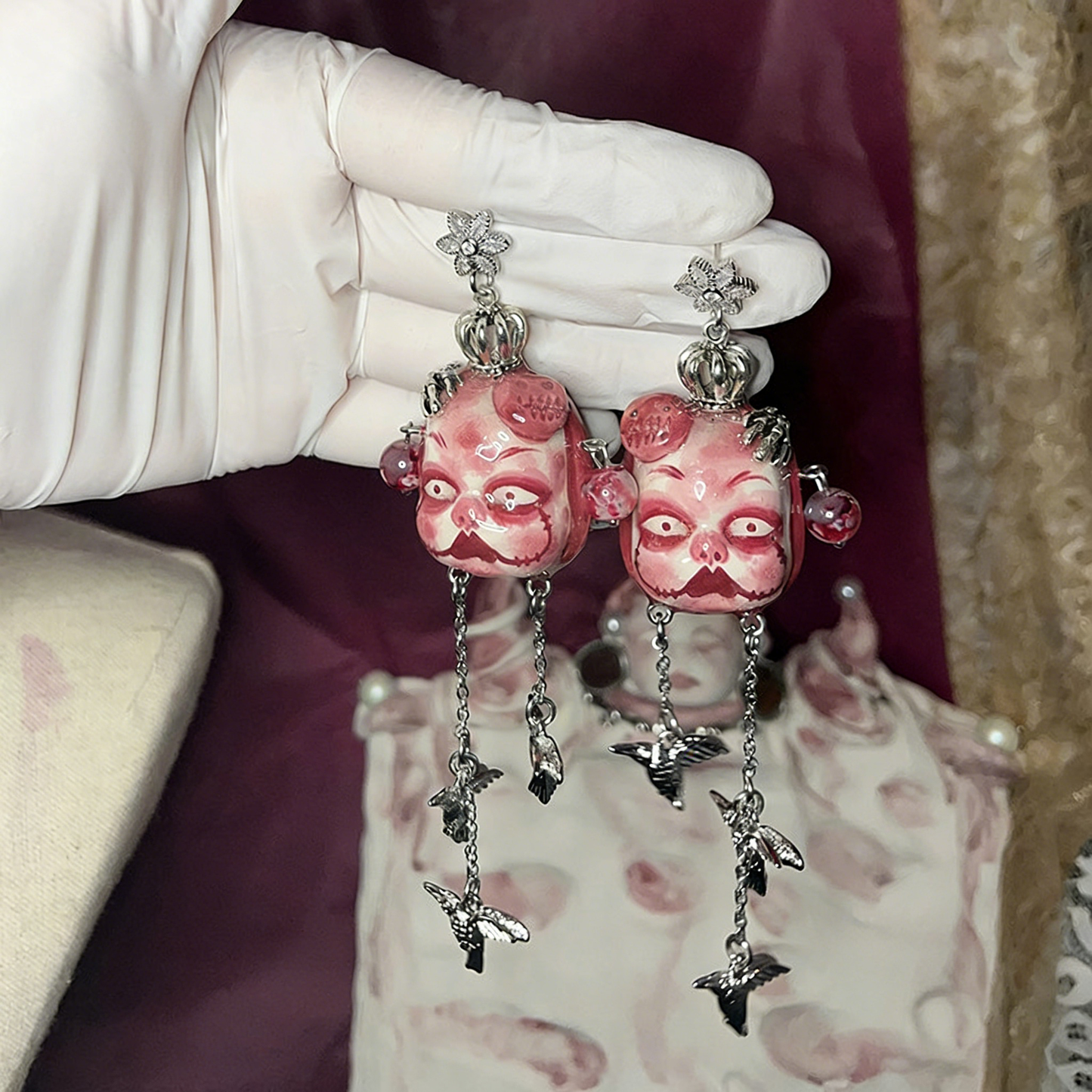 Red Crown Claw Bird Freak Baby Earrings