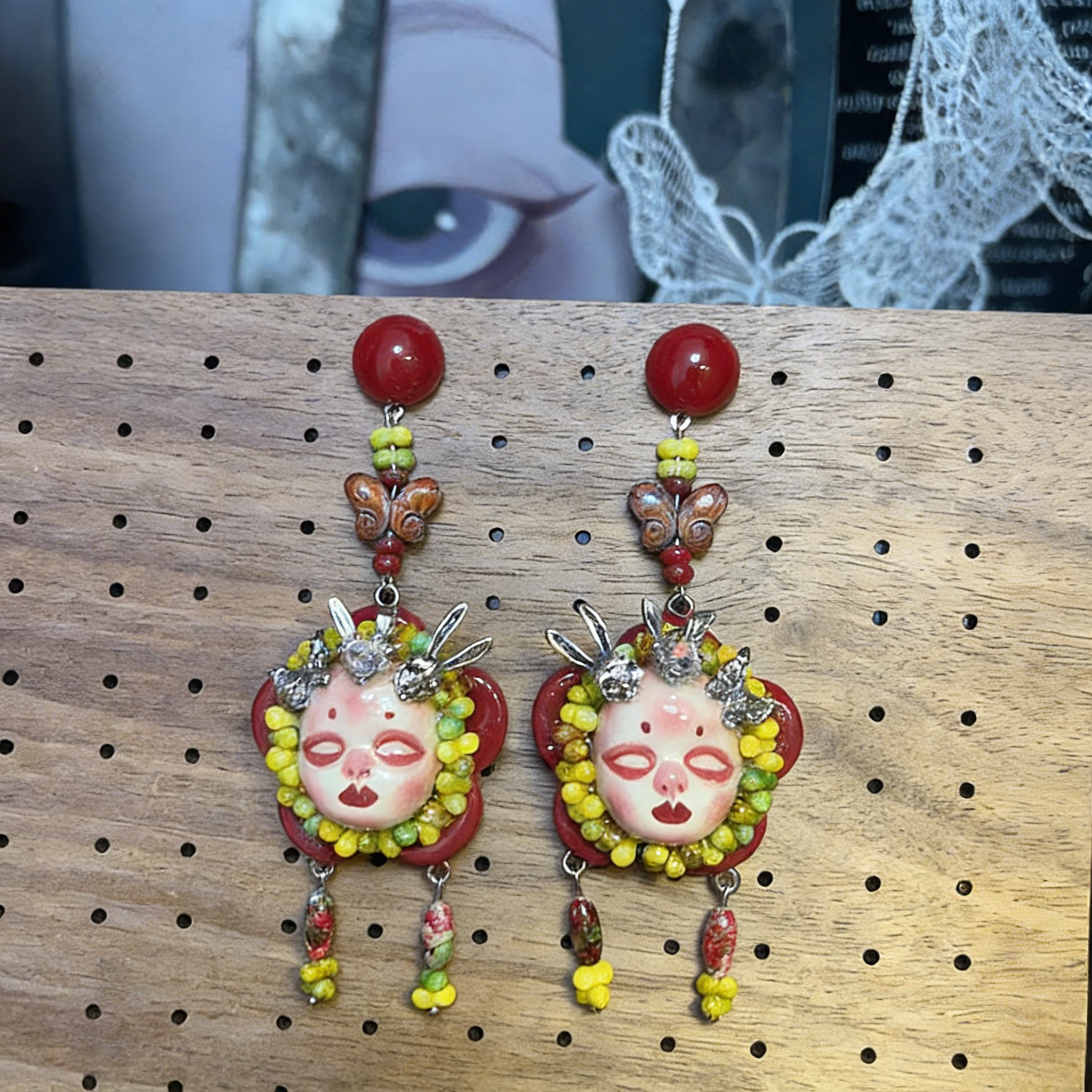 Red Butterfly Bunny Ear Freak Baby Earrings