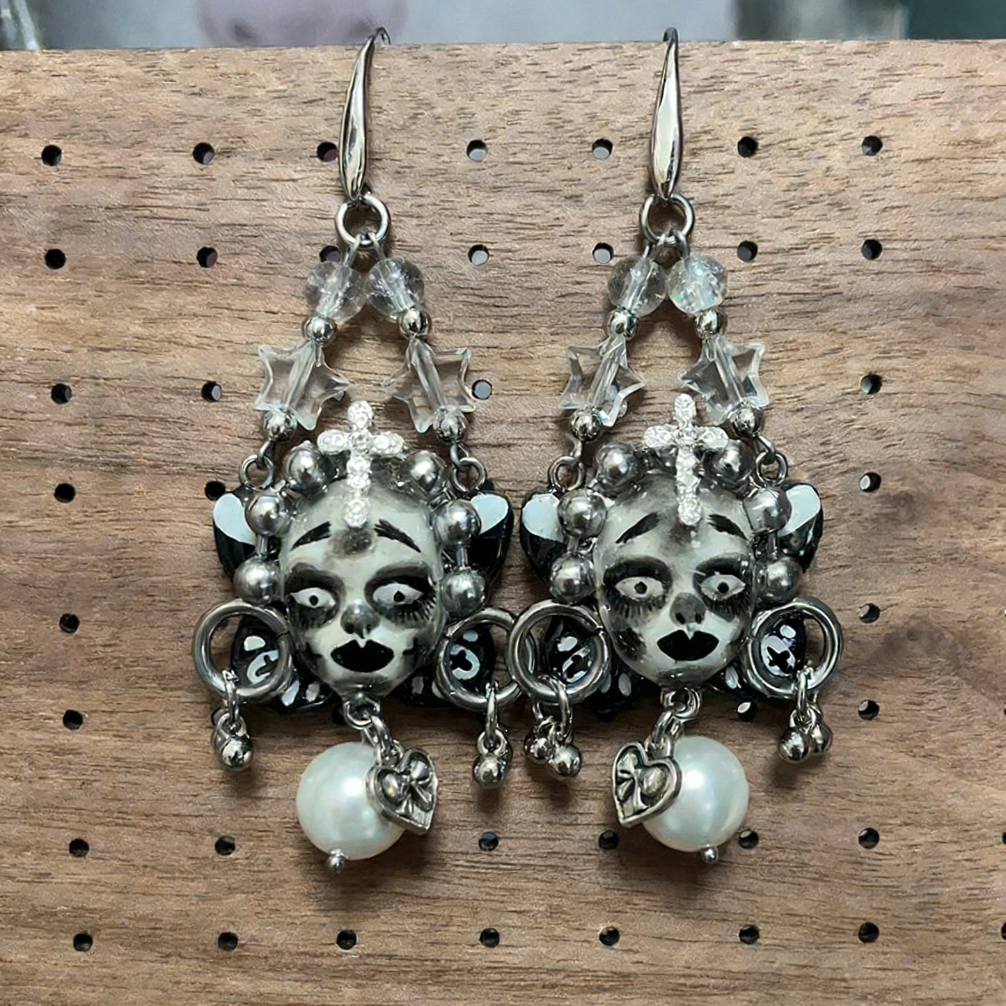 Black and White Cross Heart Freak Baby Earrings