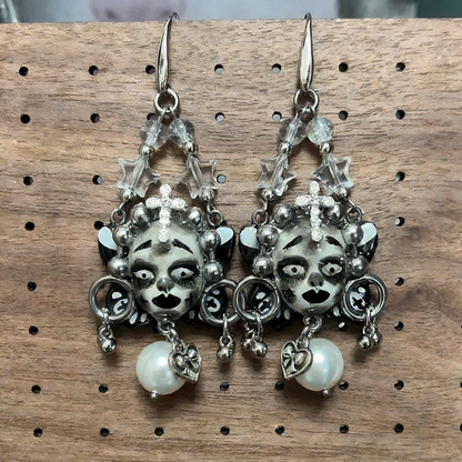 Black and White Cross Heart Freak Baby Earrings