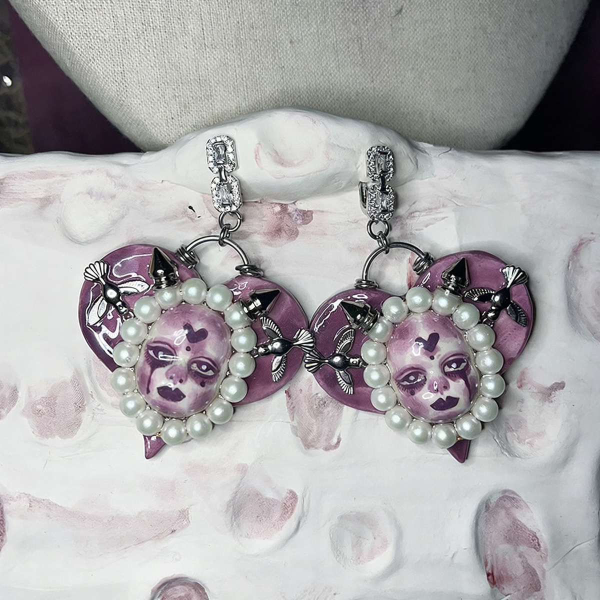 Violet Heart Pearl Nightmare Gothic Doll Necklace