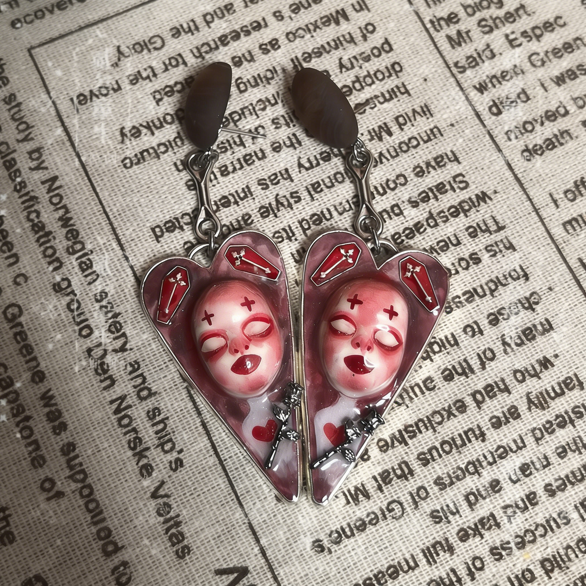 Bloody Coffin Rose Heart Earrings