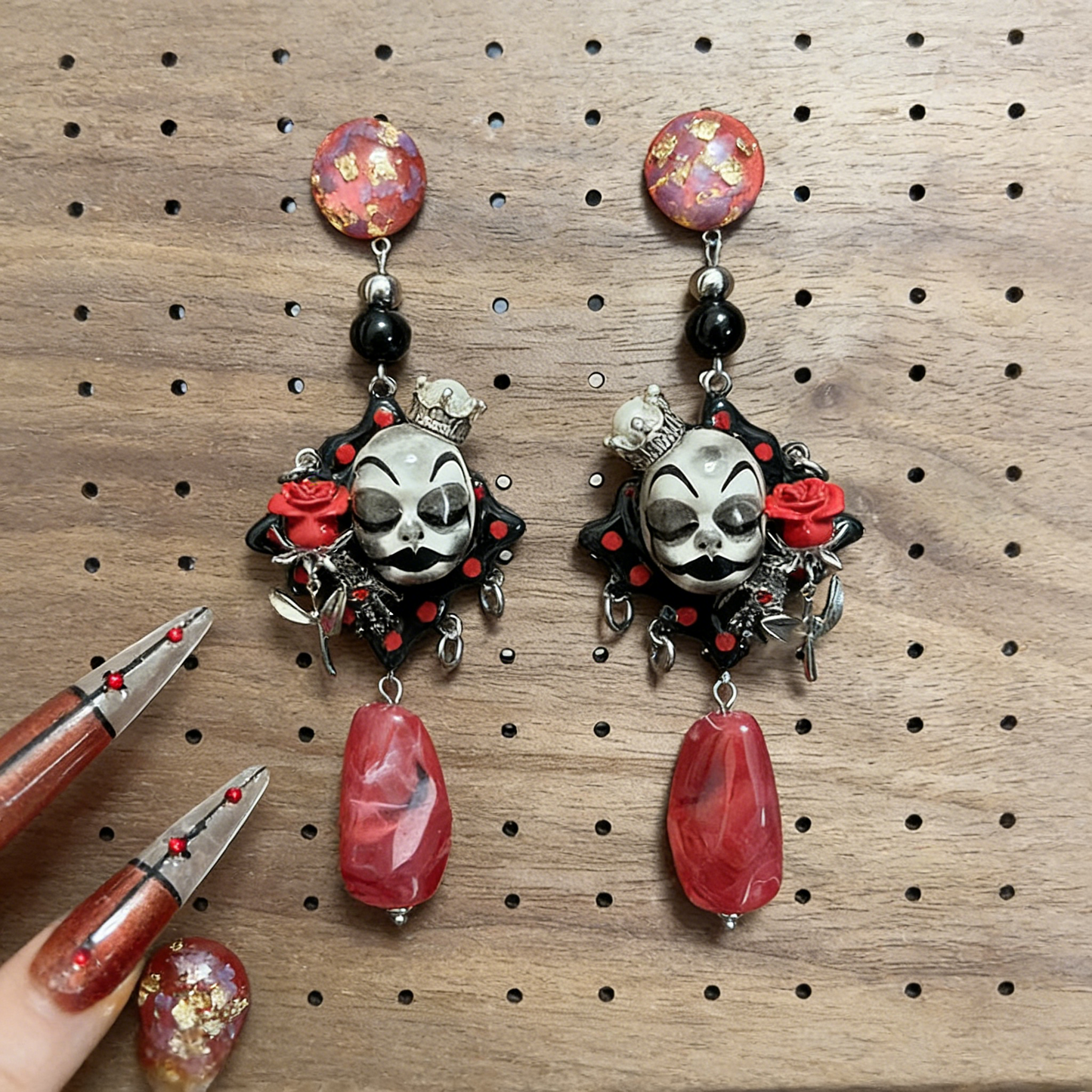 Red Rose Crown Clown Earrings