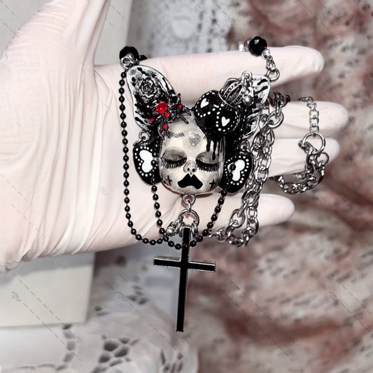 Black Butterfly Crowned Doll Cross Necklace