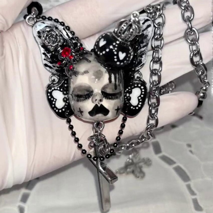 Black Butterfly Crowned Doll Cross Necklace