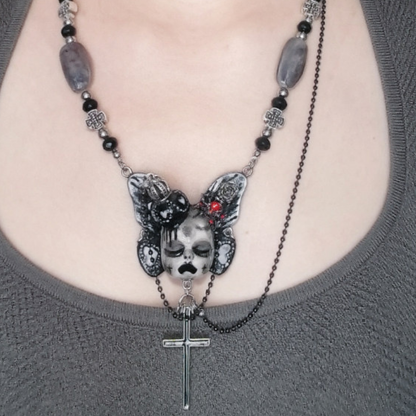 Black Butterfly Crowned Doll Cross Necklace