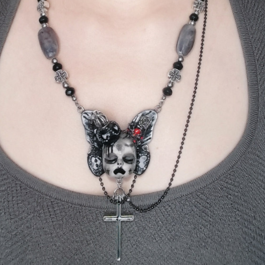 Black Butterfly Crowned Doll Cross Necklace