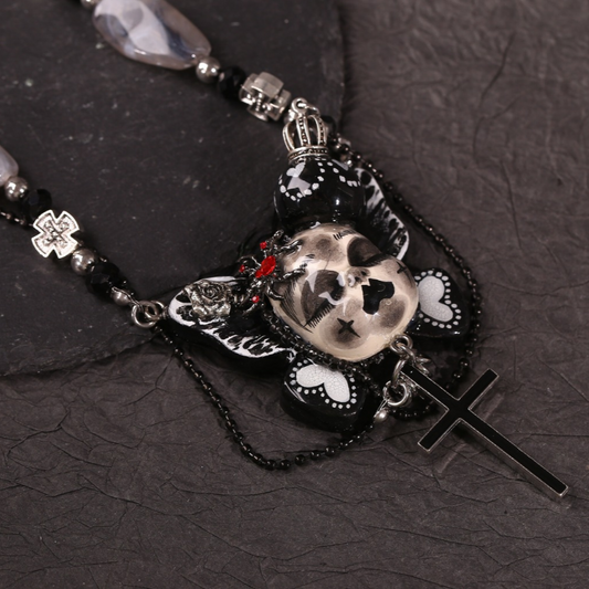 Black Butterfly Crowned Doll Cross Necklace