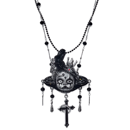 Black Cross Monochrome Creepy Doll Face Necklace