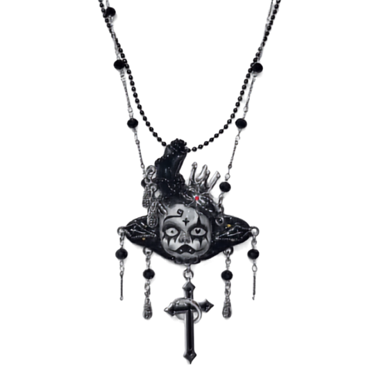 Black Cross Monochrome Creepy Doll Face Necklace