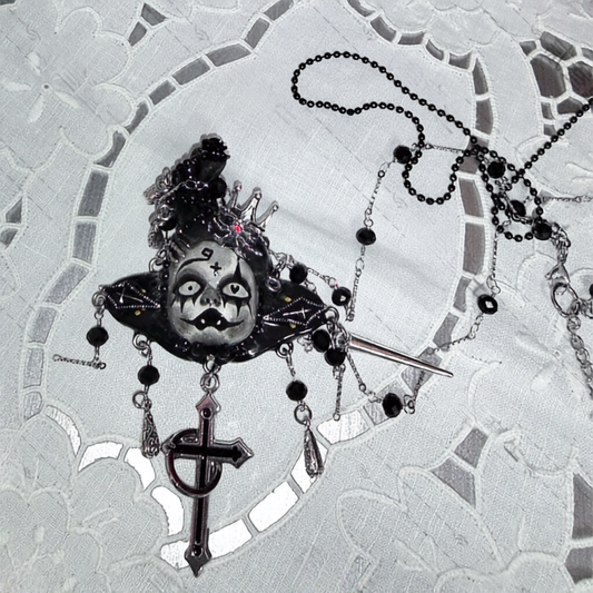 Black Cross Monochrome Creepy Doll Face Necklace