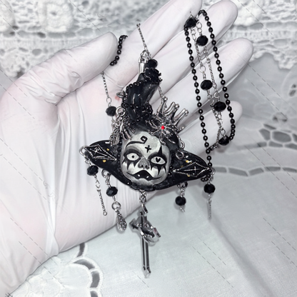 Black Cross Monochrome Creepy Doll Face Necklace