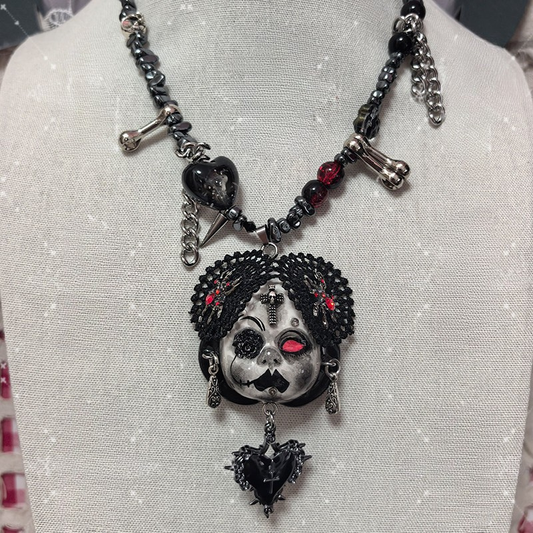 Blood Red Eye Vampire Black Lace Doll Face Necklace