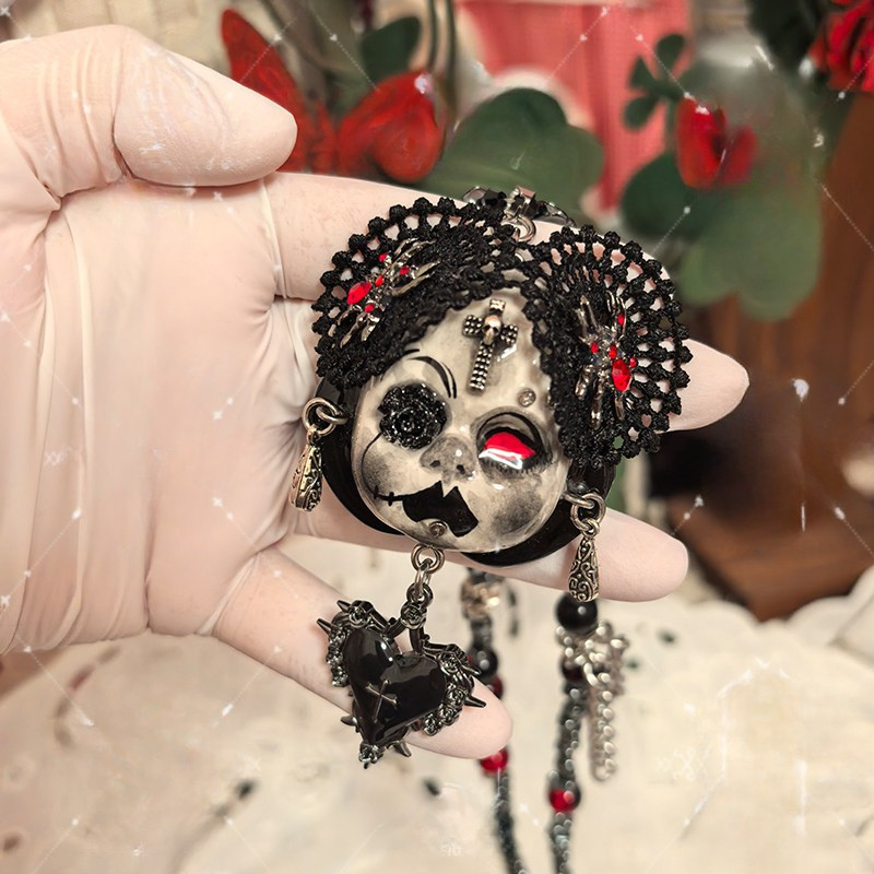 Blood Red Eye Vampire Black Lace Doll Face Necklace