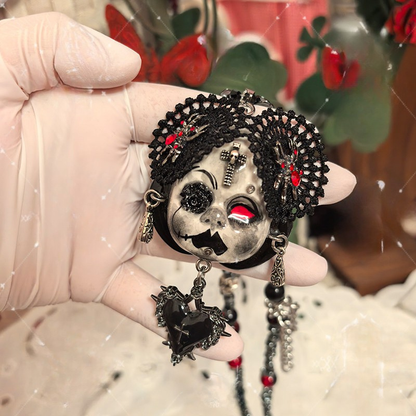 Blood Red Eye Vampire Black Lace Doll Face Necklace
