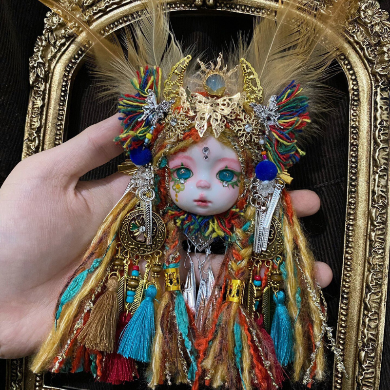 Bohemian Golden Feather And Tribal Tassel Art Doll Brooch