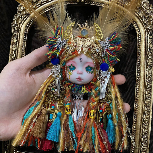 Bohemian Golden Feather And Tribal Tassel Art Doll Brooch