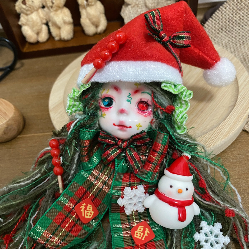 Christmas Santa Hat And Snowman Festivities Art Doll Brooch