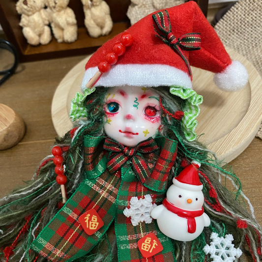 Christmas Santa Hat And Snowman Festivities Art Doll Brooch