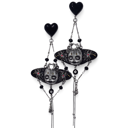 Creepy Doll Punk Black Heart Spider Drop Earrings