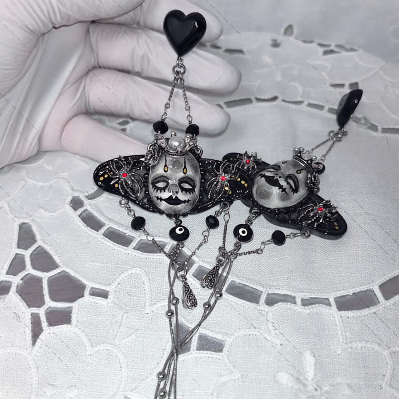 Creepy Doll Punk Black Heart Spider Drop Earrings