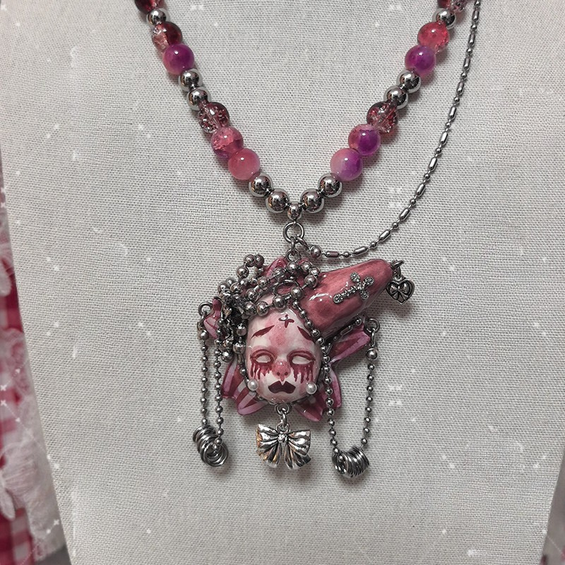 Crimson Tears Dusty Pink Jester Hat Creepy Cute Necklace