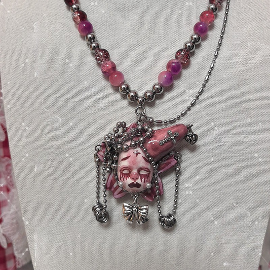 Crimson Tears Dusty Pink Jester Hat Creepy Cute Necklace