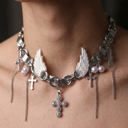 Cyber Goth Angel Wings Shiny Silver Punk Cross Choker