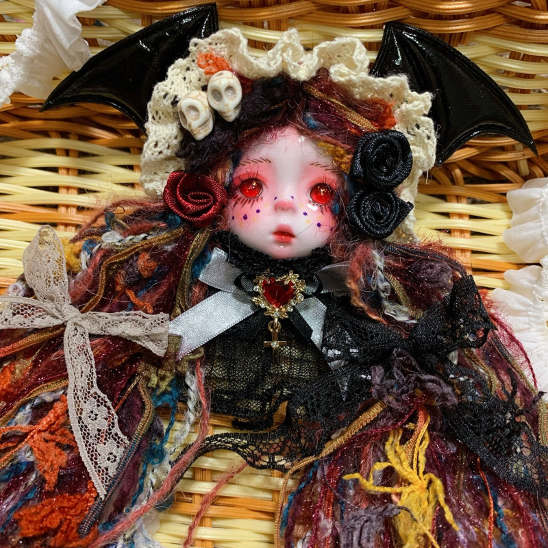 Dark Crimson Hair And Bat Wing Gothic Art Doll Brooch