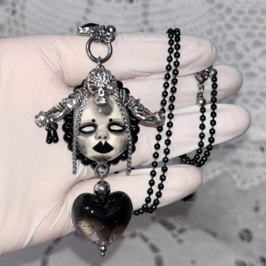 Dark Gothic Skull Doll Cross-Heart Necklace
