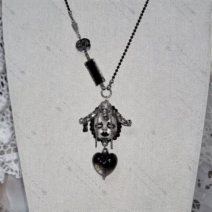 Dark Gothic Skull Doll Cross-Heart Necklace