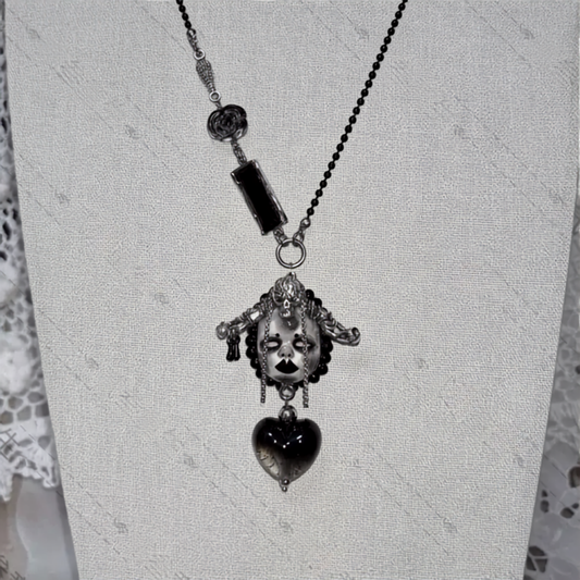 Dark Gothic Skull Doll Cross-Heart Necklace