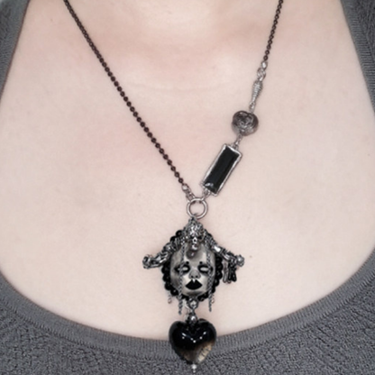 Dark Gothic Skull Doll Cross-Heart Necklace