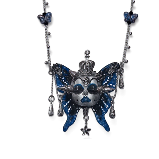 Dark Grunge Punk Aesthetic Blue Butterfly Skull Face Necklace