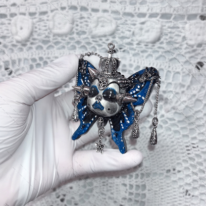 Dark Grunge Punk Aesthetic Blue Butterfly Skull Face Necklace