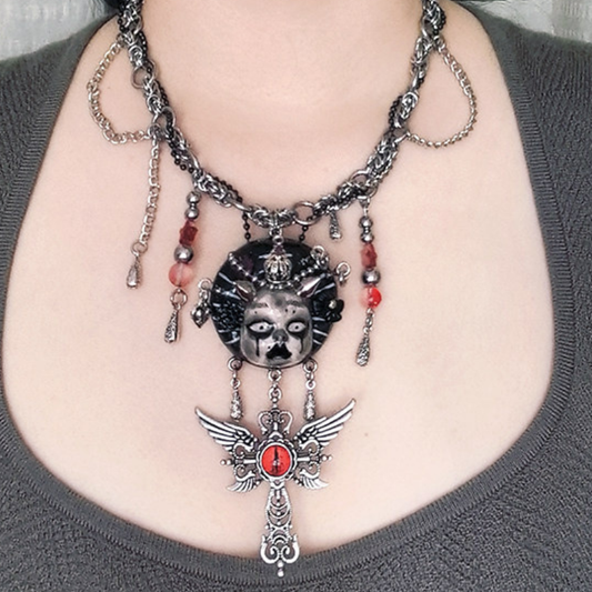 Demon Doll Crimson Evil-Eye Winged Cross Layered Necklace