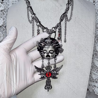 Demon Doll Crimson Evil-Eye Winged Cross Layered Necklace