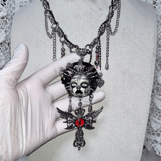 Demon Doll Crimson Evil-Eye Winged Cross Layered Necklace