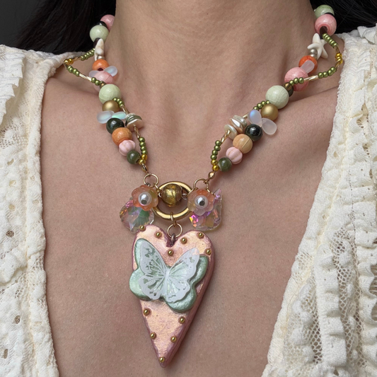 Fairycore Green Butterfly & Pink Heart Pendant Necklace