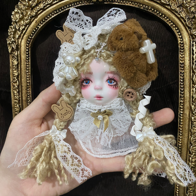 Golden Braids And Cream Pearl Lace Art Doll Brooch